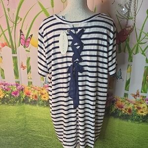 Navy and White Striped Top with Lace-Up Detail